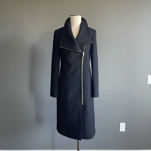 Cole Haan Wool Asymmetric Zip Coat | Minimalist Black Long Coat | Size 4 - Picture 2 of 12